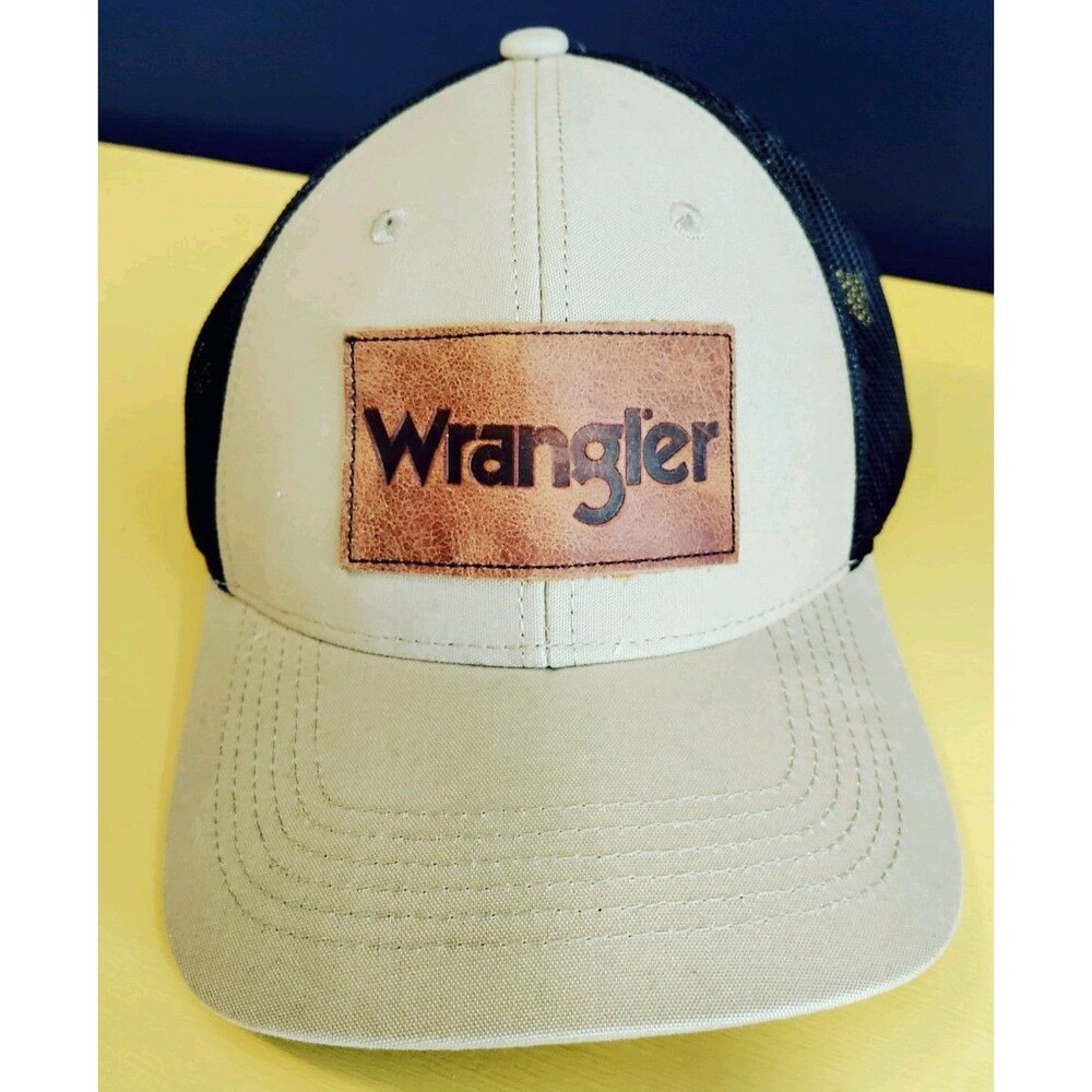 Wrangler Logo Leather Patch Khaki Meshback Trucker Hat Snapback Baseball Cap